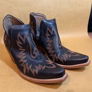 Black Embroidered Western Ankle Boots